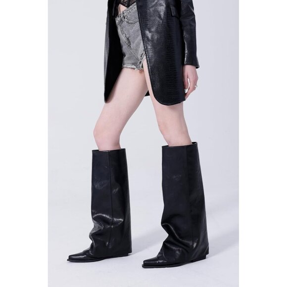 Women Black Wide Calf Slouchy Shark Pointed Toe Fold Over Knee High Tall Boots - Picture 4 of 8